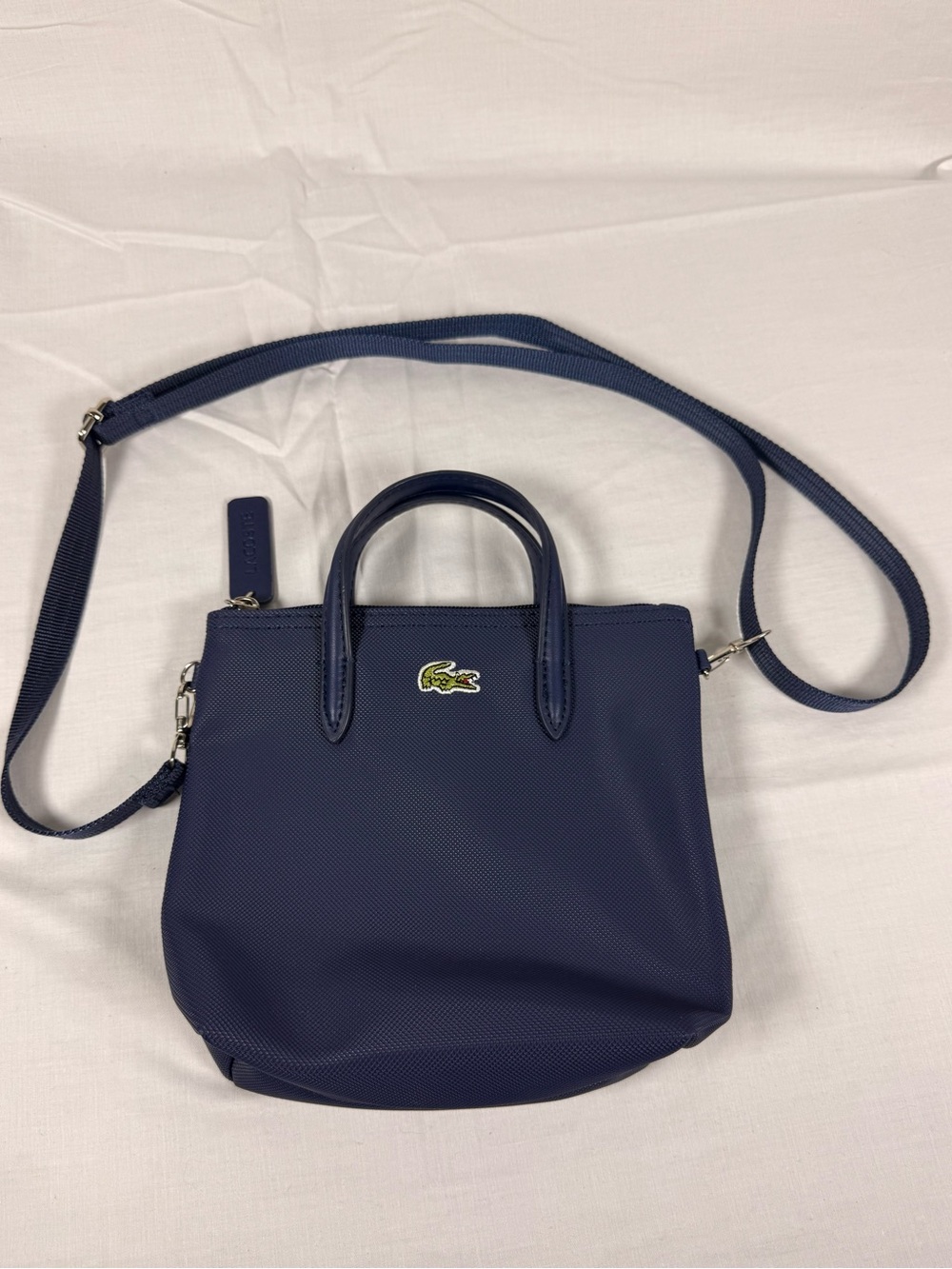 Lacoste Navy Textured Small Crossbody Tote with Crocodile Logo